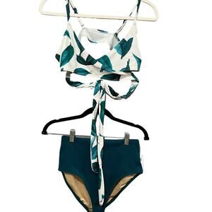 Cupshe Old Navy Small 2 Piece Bikini Green Tropical High Waist  Cross Top Swim